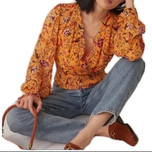 Anthropologie Floral Surplice Neck Blouse Ruffles Size Medium Yellow Red Cropped - Picture 4 of 12